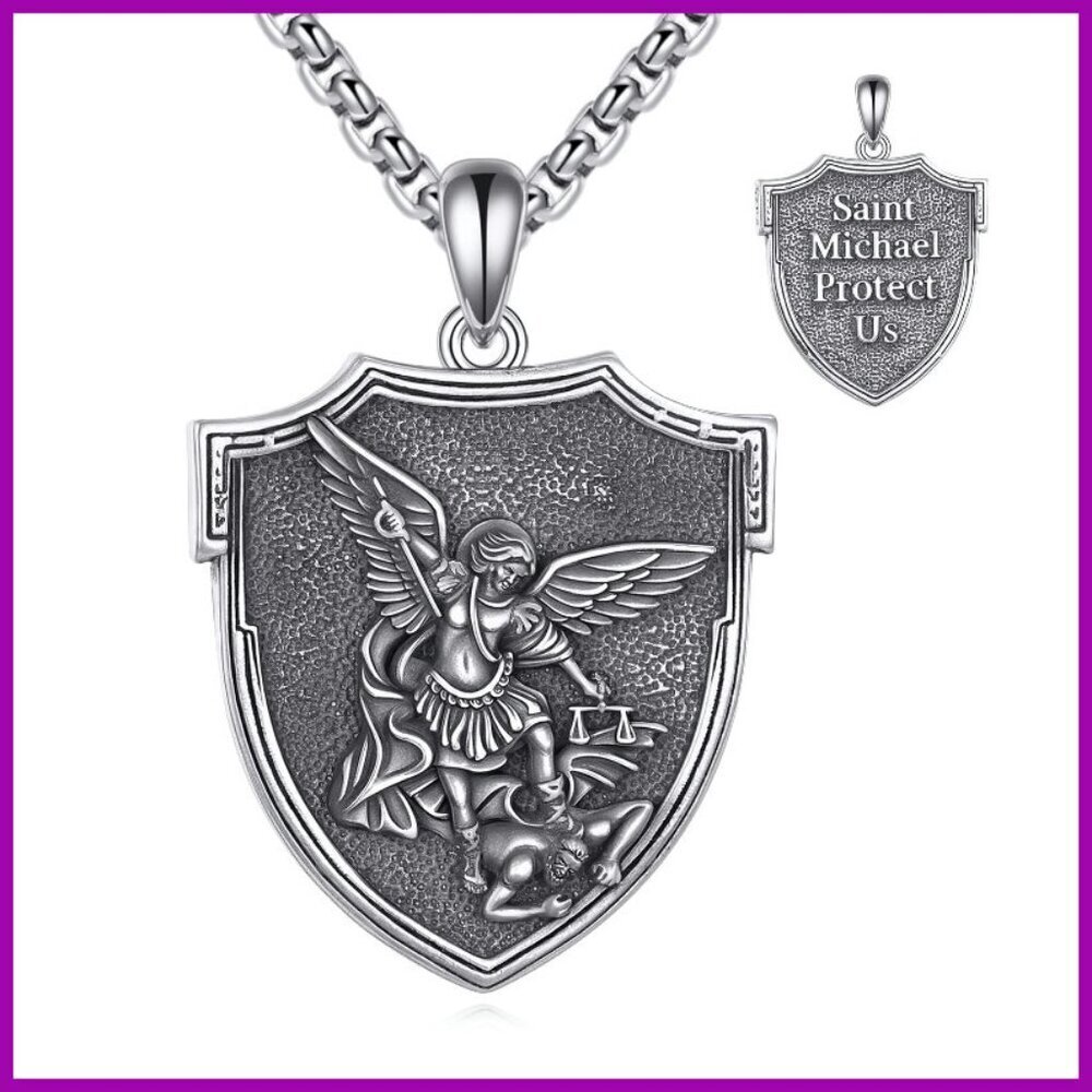 Sterling Silver Saint Michael Pendant Necklace 20" Chain Religious Protection